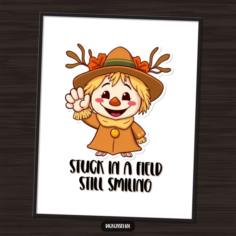 Funny Free Printable Wall Art of a grinning scarecrow waving a welcoming hand. A friendly and humorous piece to greet everyone who enters your space.