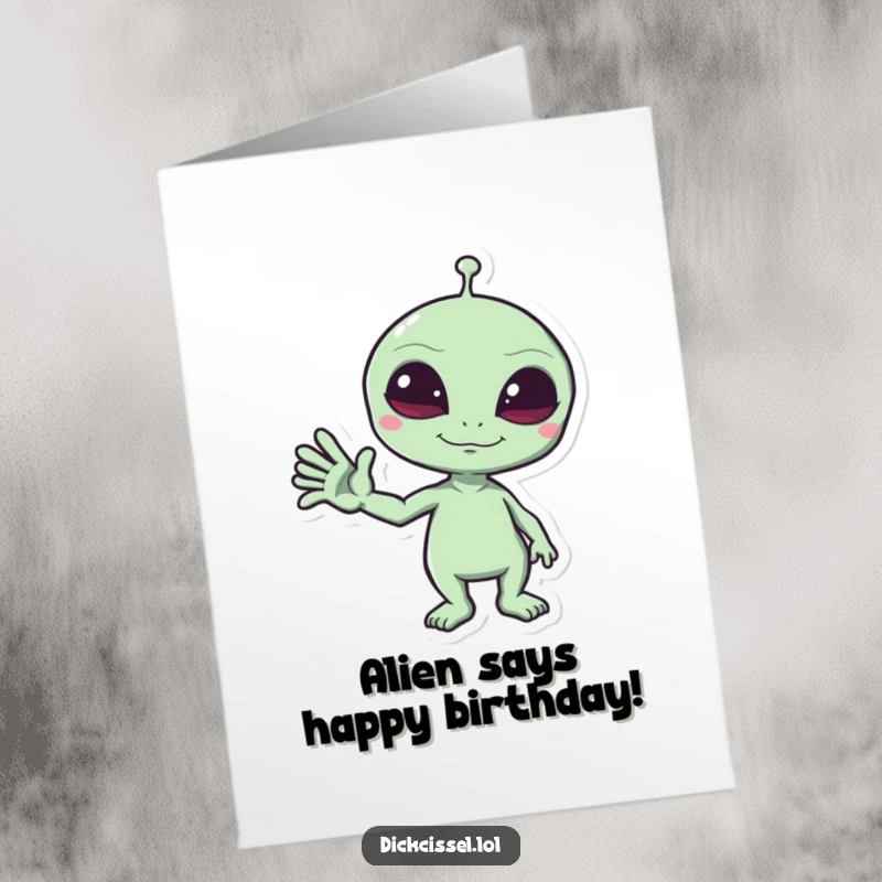Funny Free Printable Birthday Card: Mischievous alien sticker gives a funny wave, sending birthday wishes from outer space. Downloadable art.