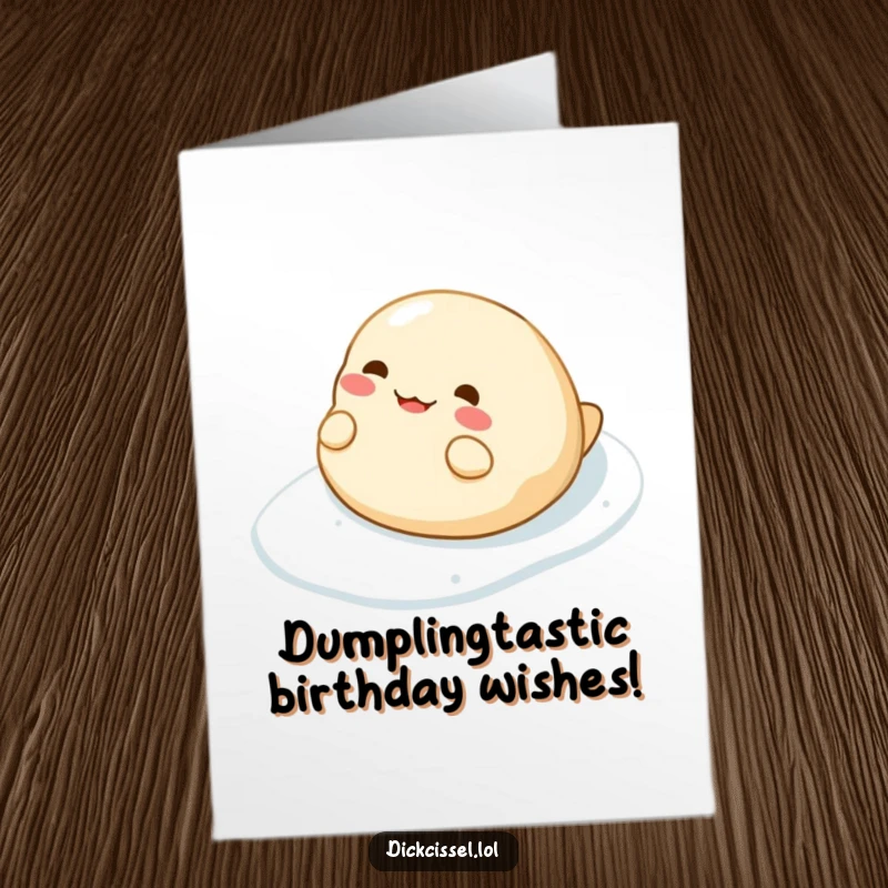 Funny Free Printable Birthday Card: Cheerful dumpling comically sliding down a slippery slope, ready to deliver laughs.