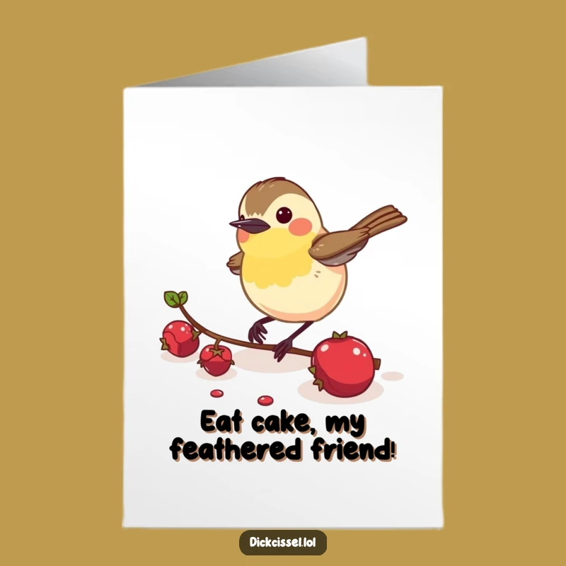 Free Printable Dickcissel Birthday Card: Energetic Bird Pecks Berry for Happy Wishes