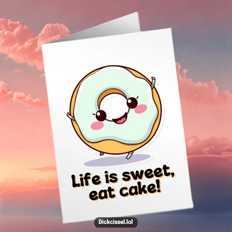 Funny Free Printable Birthday Card: A cheerful doughnut character doing a playful spin, radiating pure birthday joy and excitement.