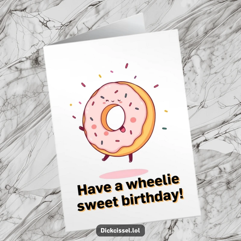 Funny Free Printable Birthday Card: Sweet donut doing a cartwheel with sprinkles flying, full of birthday enthusiasm.