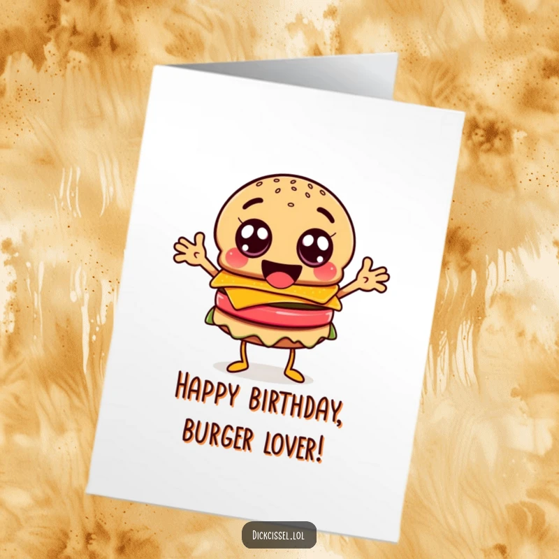 Funny free printable birthday card of a crazy burger character with googly eyes and flailing arms, celebrating with wild abandon.