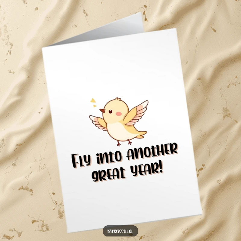 Funny Free Printable Birthday Card featuring a tiny bird chirping happily, wings outstretched, ready to deliver birthday wishes with a song.