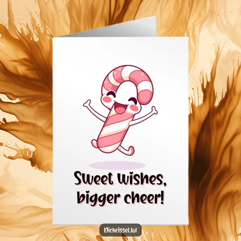 Funny Free Printable Birthday Card: A happy candy cane leaps with joy, ready to deliver birthday wishes.