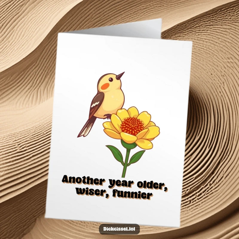 Funny Free Printable Dickcissel Birthday Card: A happy bird chirping excitedly from a flower, perfect for a festive greeting.