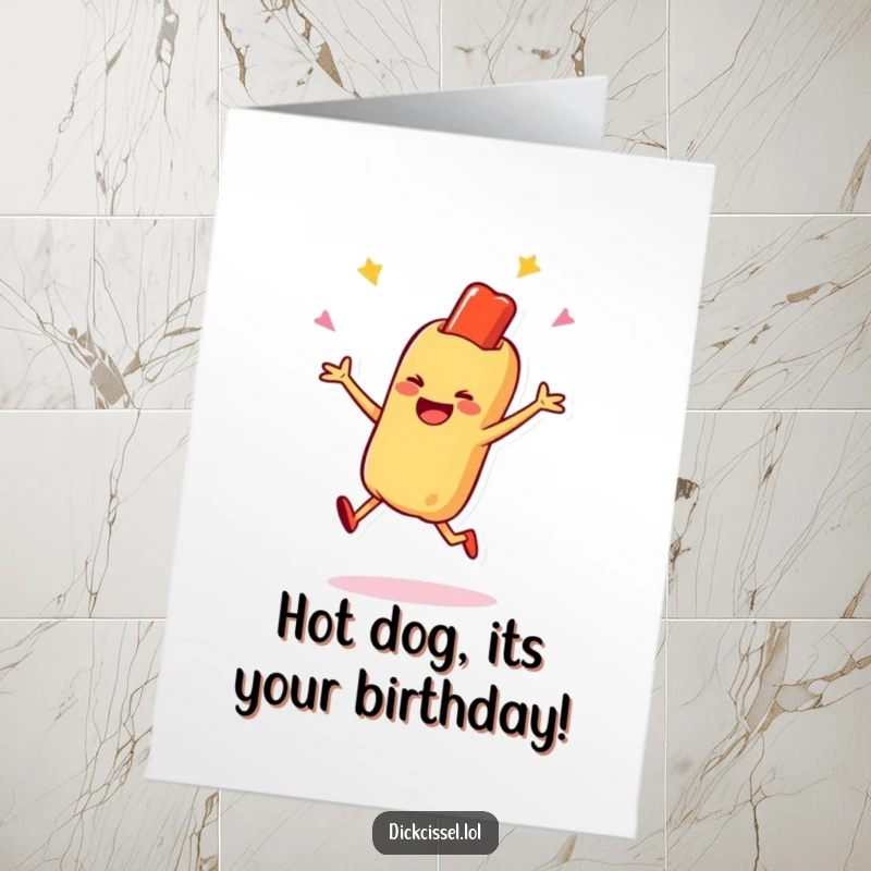 Funny Free Printable Birthday Card with a smiling hot dog character joyfully performing a celebratory jump, great for a DIY gift.