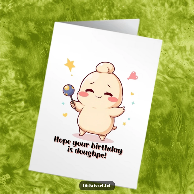 Funny free printable birthday card of a winking dumpling character hilariously failing at juggling, dropping all its items.