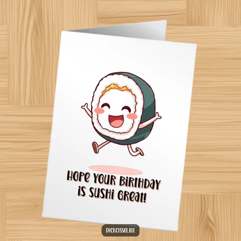 Funny Free Printable Birthday Card showing a smiling sushi roll mid-leap, celebrating a special day.