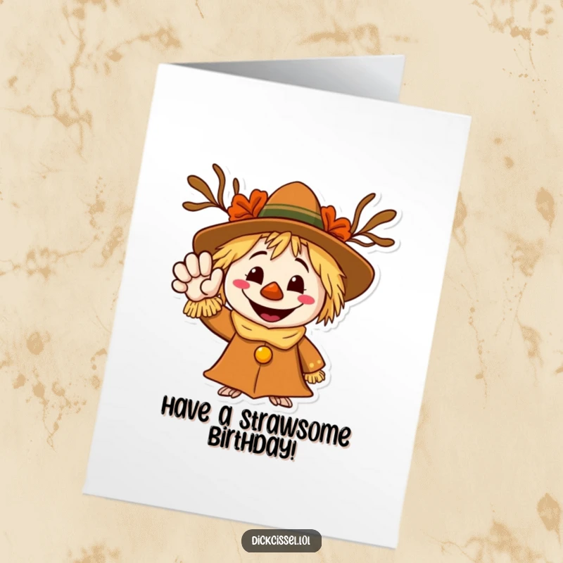 Funny Free Printable Birthday Card featuring a grinning scarecrow character waving a welcoming hand, offering birthday cheer. A friendly and rustic greeting.
