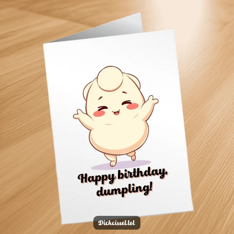 Funny Free Printable Birthday Card featuring a winking dumpling character performing a delightful jig, great for a DIY gift.
