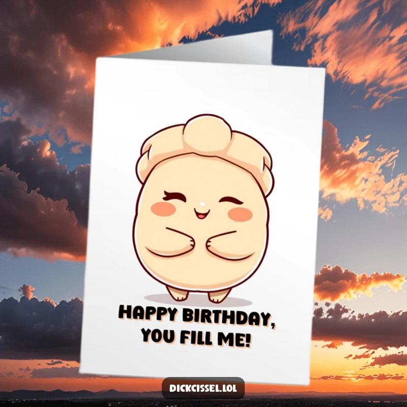 Funny Free Printable Birthday Card featuring a winking dumpling character offering a warm embrace, spreading birthday cheer.