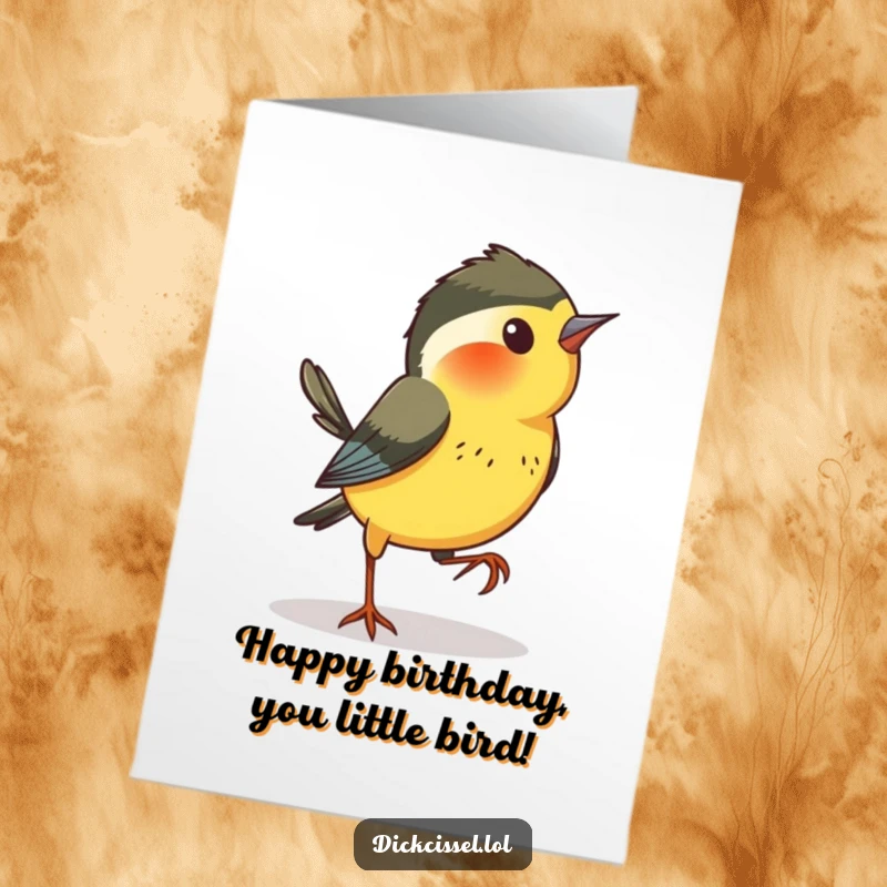 Funny Free Printable Dickcissel Birthday Card: A curious bird hopping sideways with playful intent, perfect for a unique birthday wish.