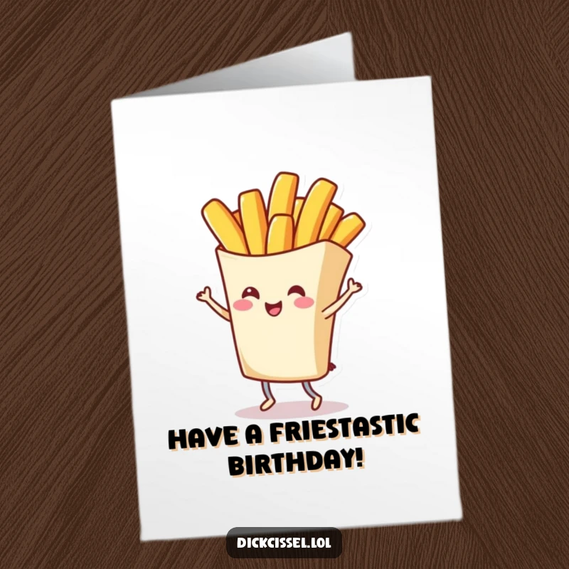 Funny Free Printable Birthday Card featuring a cheerful french fry character performing a grand, happy twirl, great for a DIY gift.