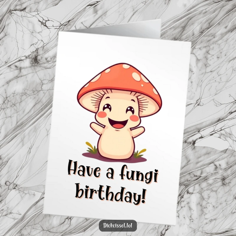 Funny Free Printable happy mushroom character popping up with a wide grin, perfect for birthdays.