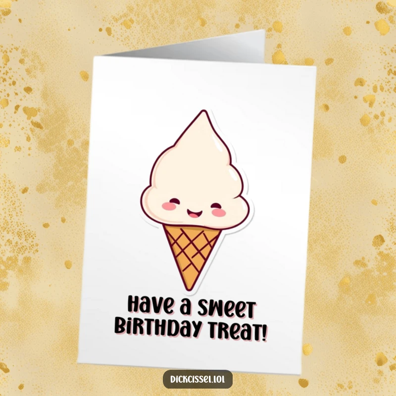 Funny Free Printable Birthday Card: A smiling ice cream cone offering another cone, full of sweetness. Downloadable gift.