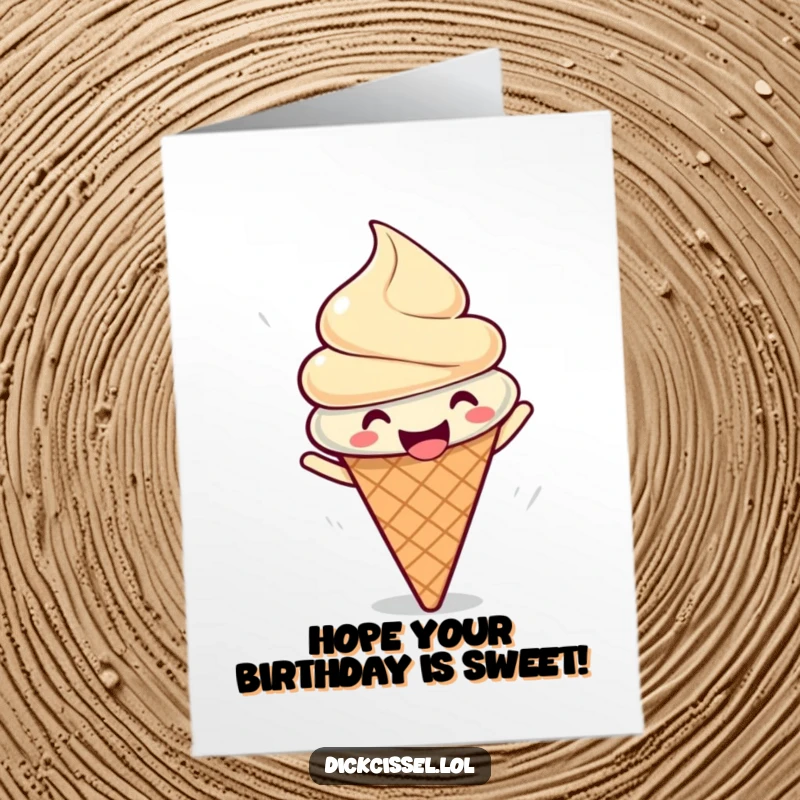 Funny Free Printable Birthday Card of a gleeful ice cream cone doing a joyful spin, ready for fun.