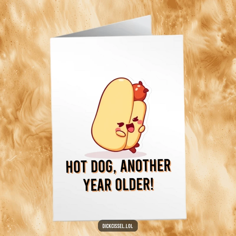 Funny free printable birthday card of a smiling hot dog character hilariously tripping over its own bun, ready to bring laughter.