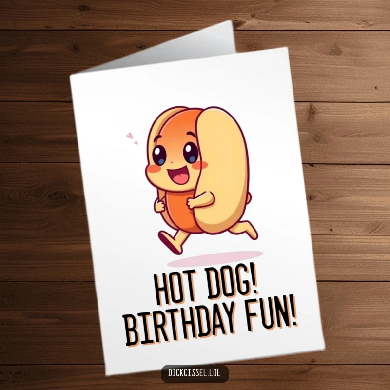 Funny Free Printable Birthday Card featuring a smiling hot dog character doing a happy trot, full of birthday cheer.