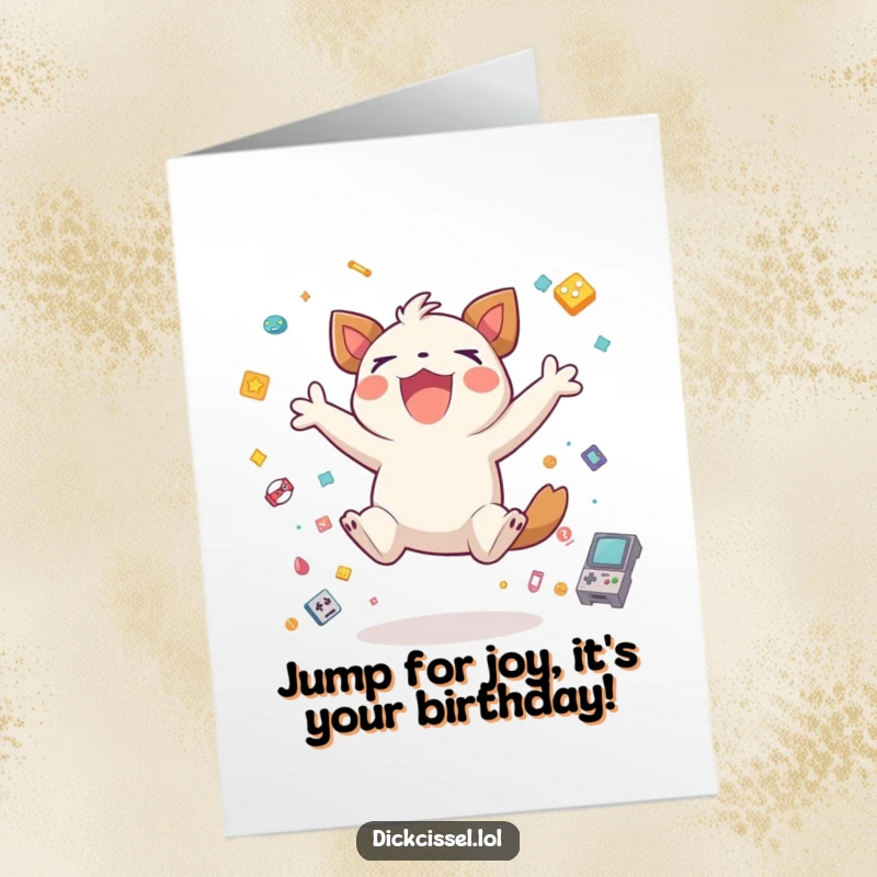 Funny Free Printable Birthday Card: A creature excitedly jumping for joy, surrounded by tiny game icons, celebrating a win.