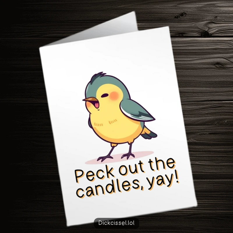 Funny Free Printable Birthday Card showing a stylized dickcissel bird intensely pecking at a small, glowing dot.