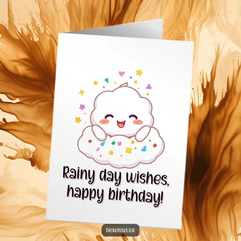 Funny Free Printable Happy Birthday Card featuring a fluffy cloud character joyfully raining colorful stickers, perfect for a playful celebration.