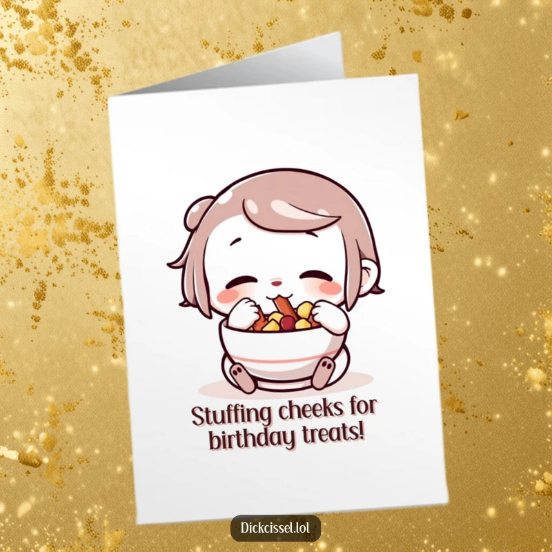 Funny Free Printable Birthday Card: A character stuffing its cheeks with snacks from a bowl, a comical treat.