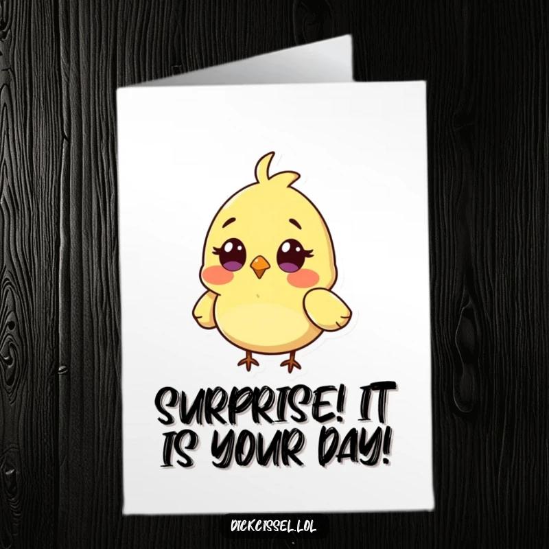 Funny Free Printable Birthday Card featuring a tiny bird with wide eyes, wings askew in delightful surprise.