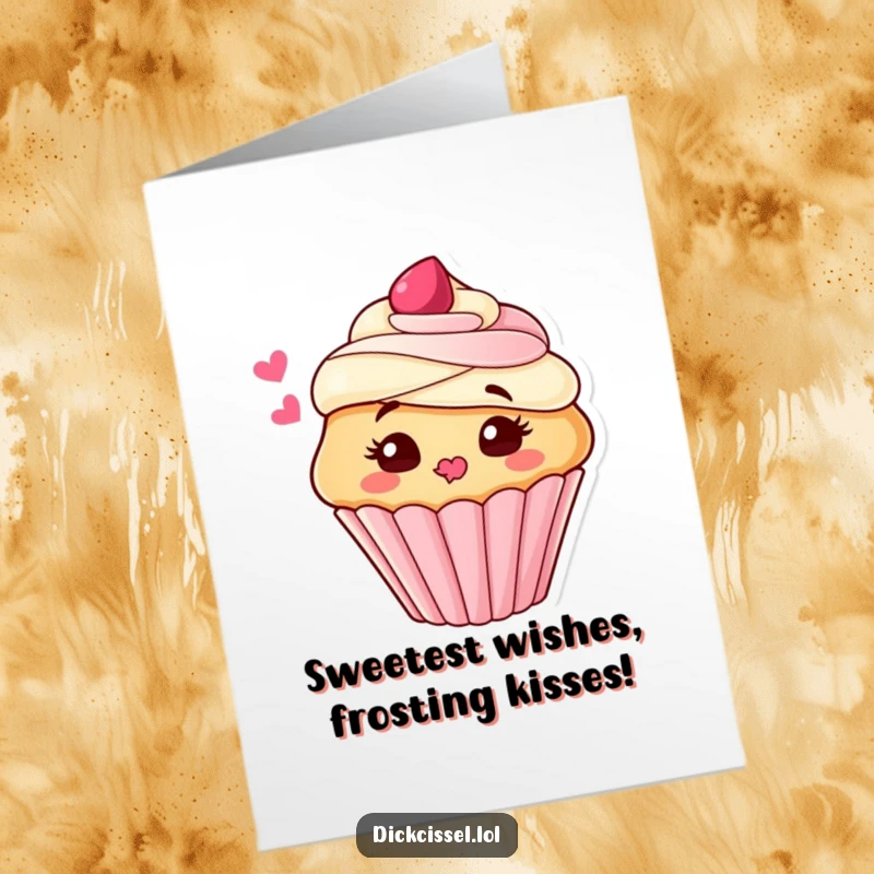 Funny Free Printable Birthday Card featuring a playful cupcake character blowing a kiss of sweet frosting, ready to download.