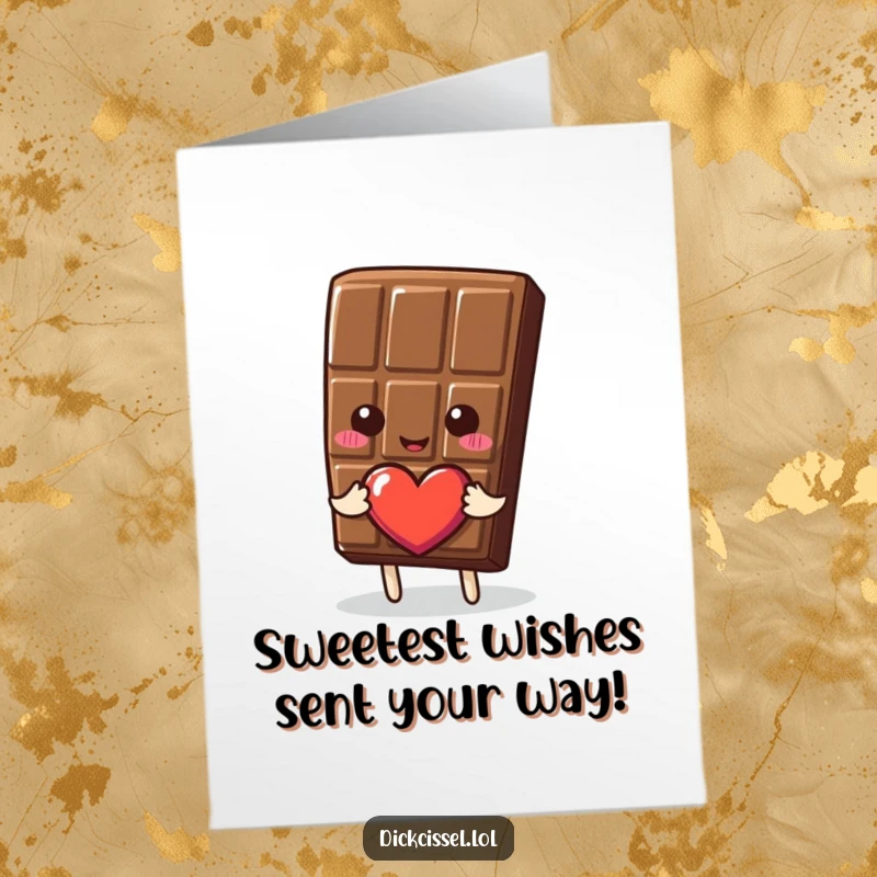 Funny free printable birthday card with a smiling chocolate bar cheerfully presenting a heart, symbolizing sweet wishes.