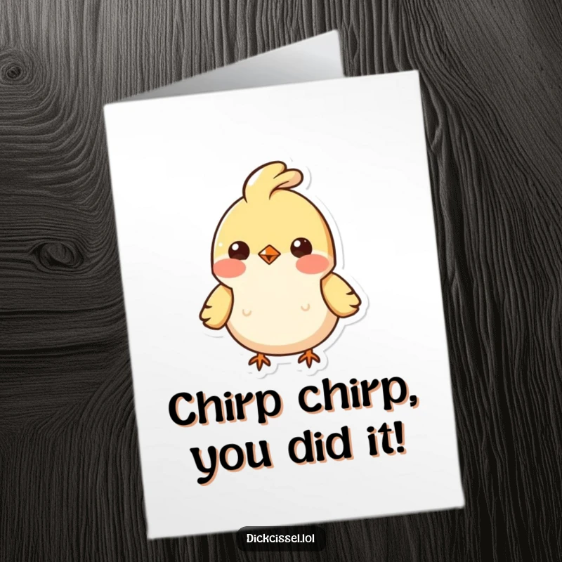 Funny Free Printable Congratulations Card showing a small, happy bird with a bobbing feather tuft, celebrating success.