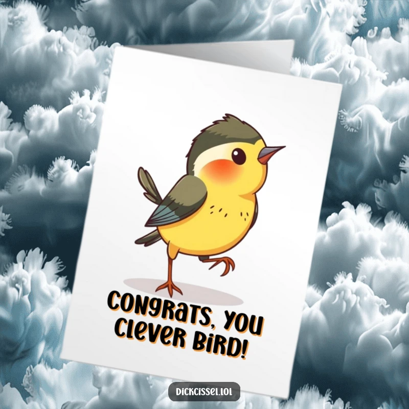 Funny Free Printable Dickcissel Congratulations Card: A bird hopping sideways with a playful and curious demeanor, celebrating achievements.