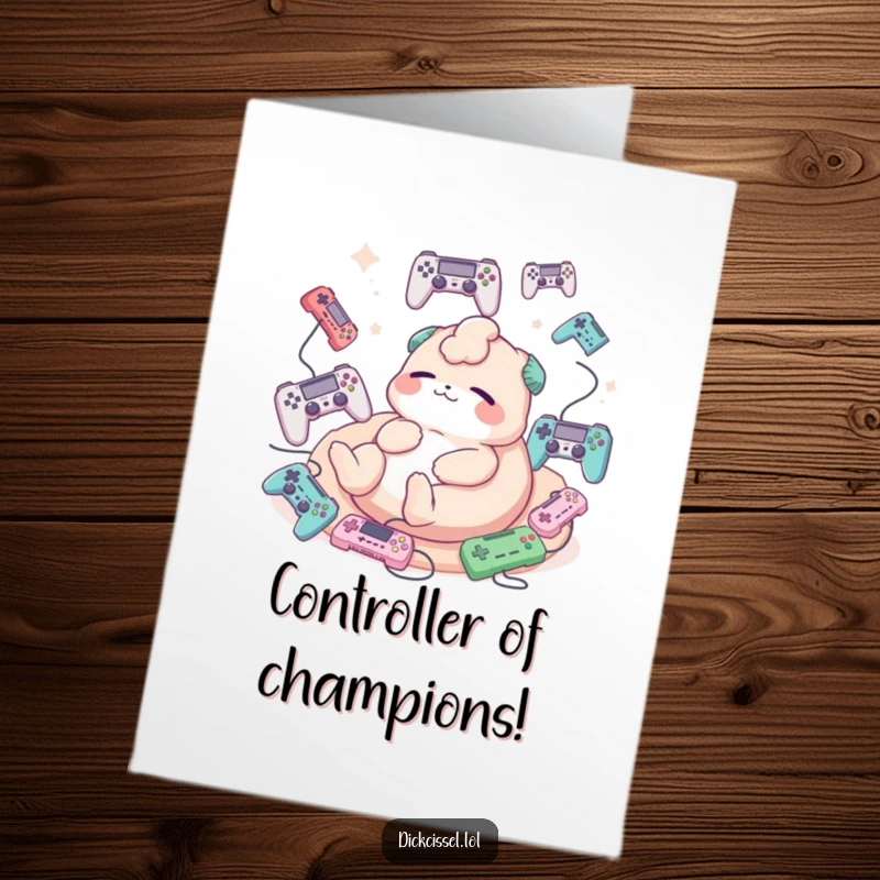 Funny Free Printable Congrats Card: Creature happily lounging amongst floating game controllers, signifying a relaxed achievement.