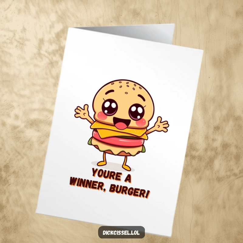 Free printable congratulations card with a frantic burger character, googly eyes wide and arms flailing, cheering for success. Pure excitement.