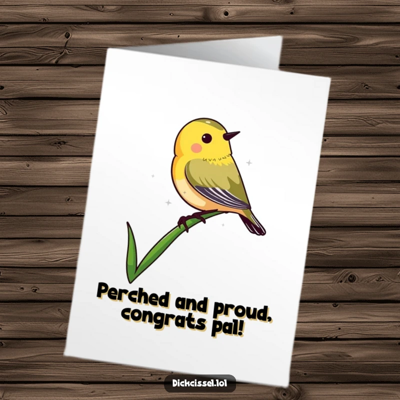 Funny Free Printable Congratulations Card with a dickcissel bird humorously perched on a grass tip, celebrating.