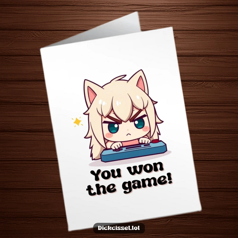 Funny Free Printable Congrats Card: Character with a comically determined expression, laser-focused on winning a game.