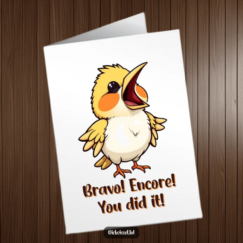 Funny Free Printable Congratulations Card featuring a bird mimicking an opera singer, beak wide open, delivering grand congratulations.