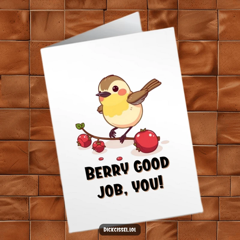 Funny Free Printable Dickcissel Congratulations Card: An energetic bird intent on pecking a berry, celebrating a successful endeavor.