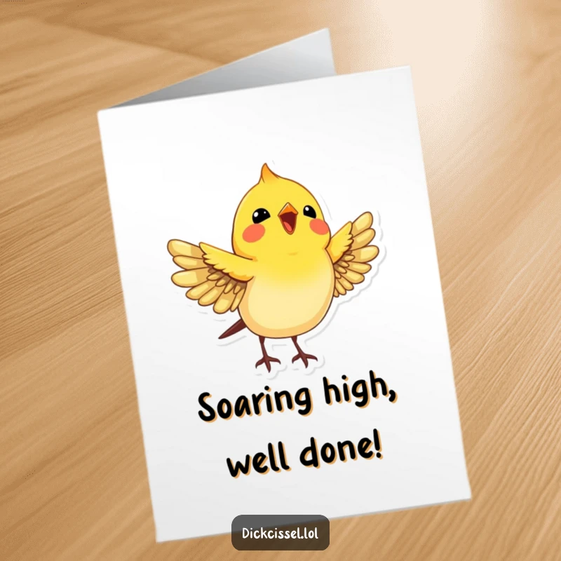 Funny Free Printable Dickcissel Congratulations Card: A happy bird with wings spread, looking joyfully upwards to celebrate.