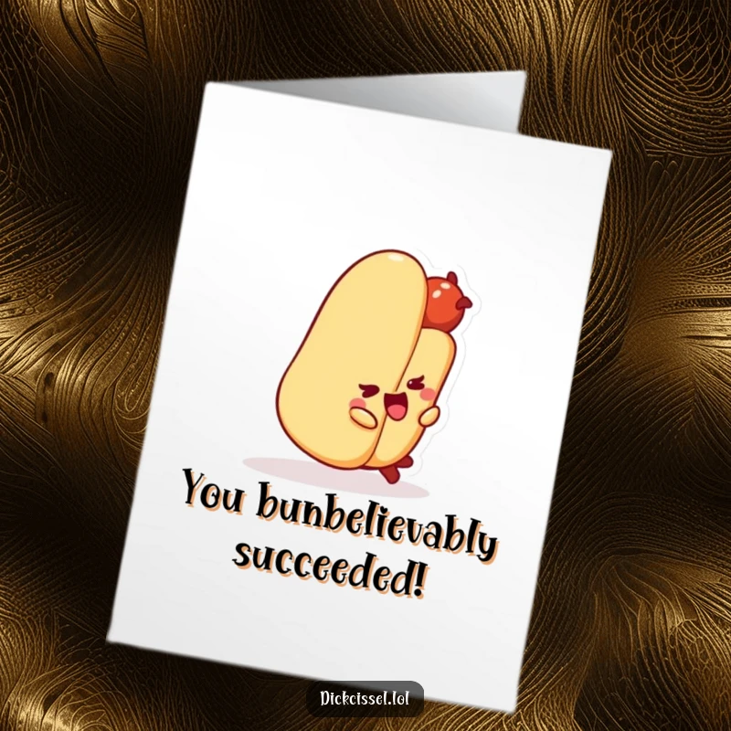 Funny free printable congratulations card showing a smiling hot dog tripping over its bun, celebrating with a stumble.