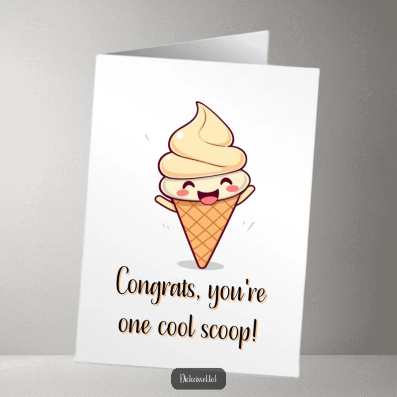 Funny Free Printable Congratulations Card of a gleeful ice cream cone doing a joyful spin to celebrate.