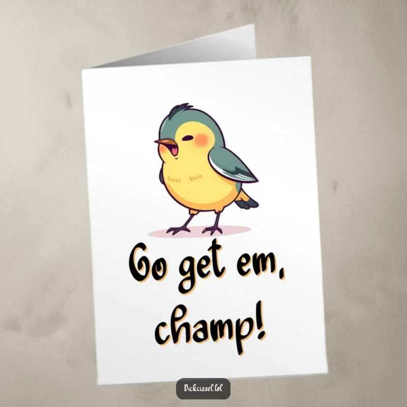 Funny Free Printable Congratulations Card featuring a stylized dickcissel bird intently pecking at a glowing target dot.