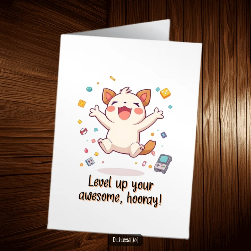 Funny Free Printable Congratulations Card: A creature jumping with joy, surrounded by game icons, celebrating an achievement.
