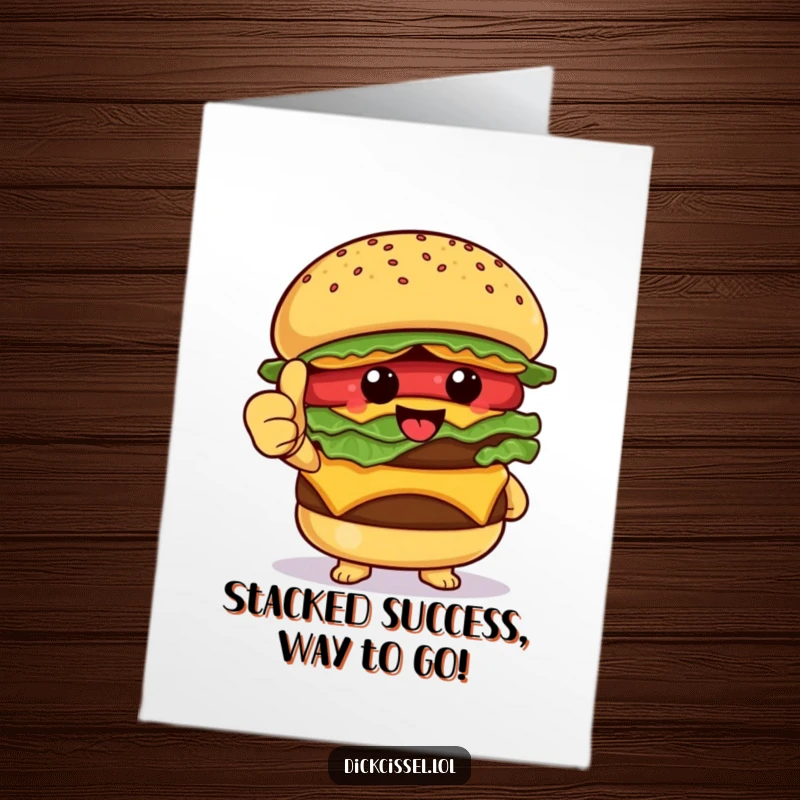 Funny Free Printable Congratulations Card with a happy burger character giving a proud thumbs up, celebrating success.