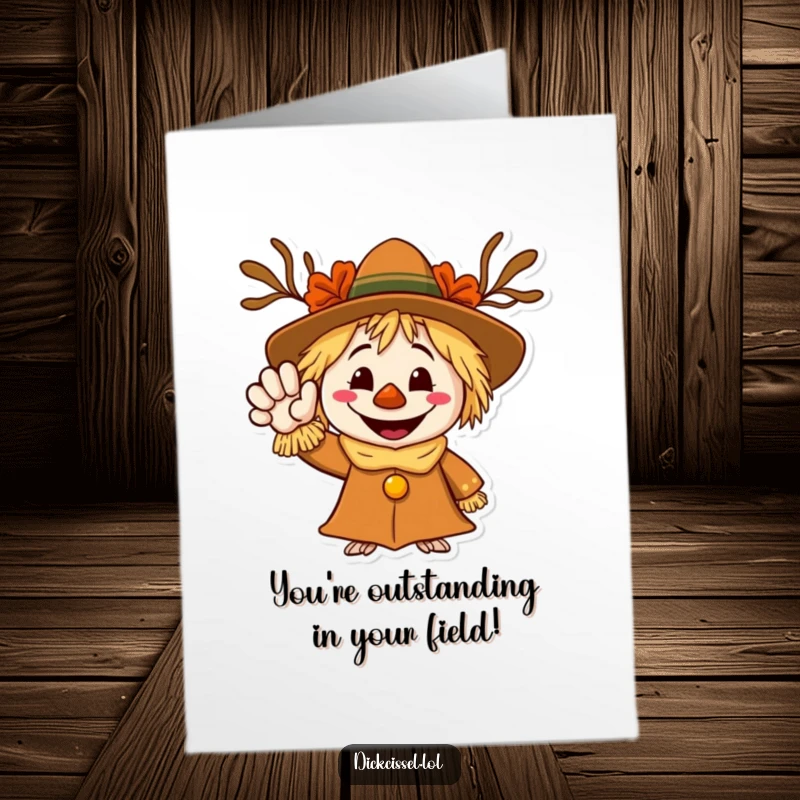 Funny Free Printable Congratulations Card showing a grinning scarecrow waving a welcoming hand, celebrating success. A hearty and cheerful congratulatory note.