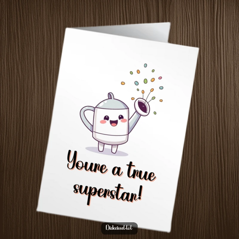 Funny Free Printable watering can character gleefully spraying a vibrant rainbow for a congratulatory message.