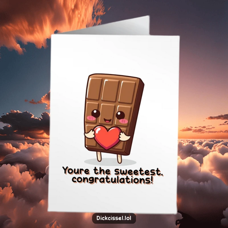 Funny free printable congratulations card showing a chocolate piece happily offering a heart, celebrating their win.