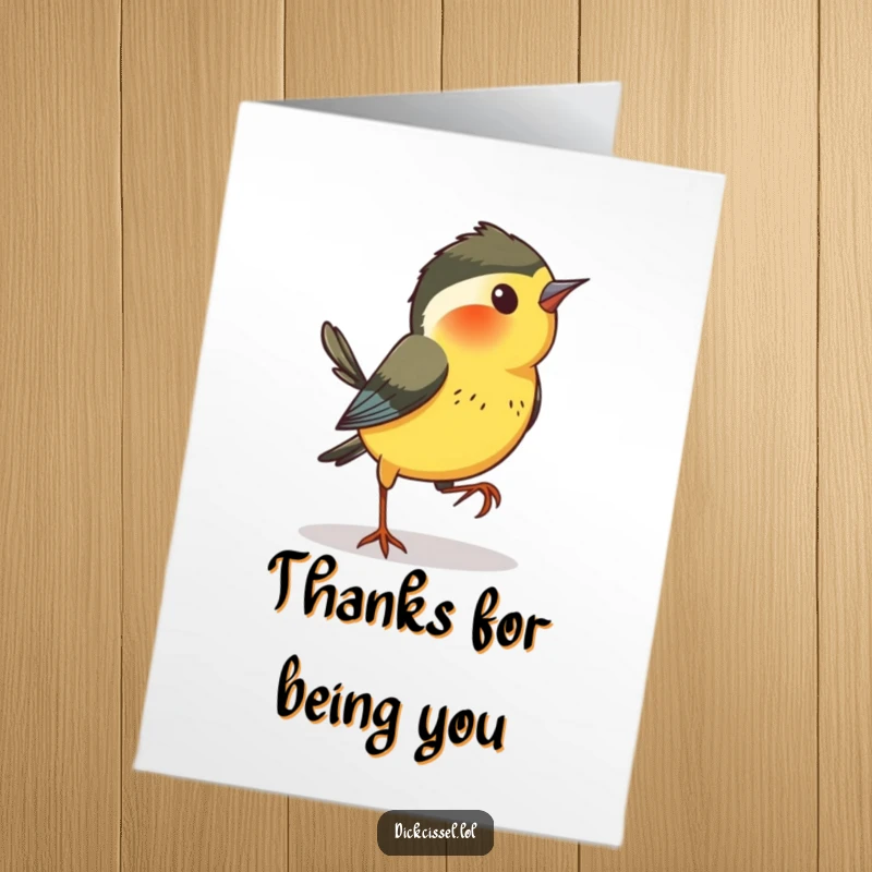Funny Free Printable Dickcissel Thank You Card: A bird hopping sideways with curiosity, conveying thanks in a playful manner.