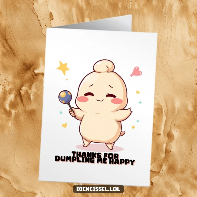 Funny free printable thank you card featuring a winking dumpling character hilariously failing at juggling, sending thanks.