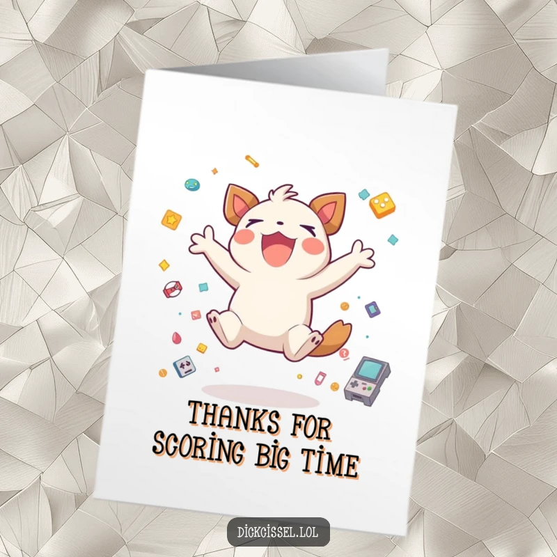 Funny Free Printable Thank You Card: A creature jumping joyfully, surrounded by game icons, expressing thanks.
